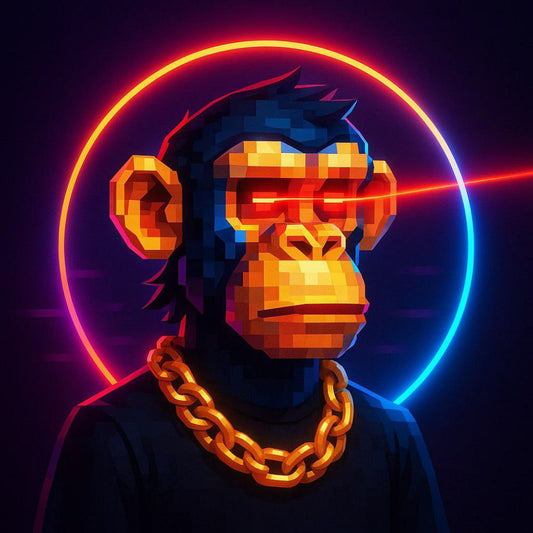 3D Monkey “Pixel cyberpunk with laser eyes, golden chain, and neon halo.”